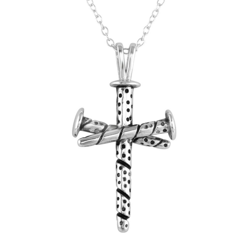 Rhodium Plated 925 Sterling Silver Triple Nail Cross Pendant Necklace
